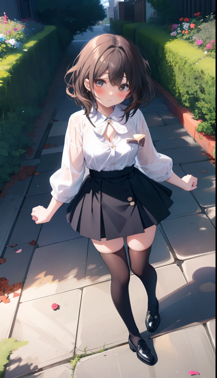 One Girl、Positive、From above、Full body portrait、Brown haired、Medium Haircut、blush、Absolute area、Knee socks、stockings、Black knee-high socks、White underwear、Cleavage、Light blue cut shirt、Unbutton your shirt、Shirt buttons fly off、Navy blue checkered pleated skirt、Very short skirt、garden、Daytime、（Very big boobs）、((Full Body Lesbian))、masterpiece、（highest quality)、Panties around the ankles、loafers、The wind blows up my skirt、vibrator in thighhighs