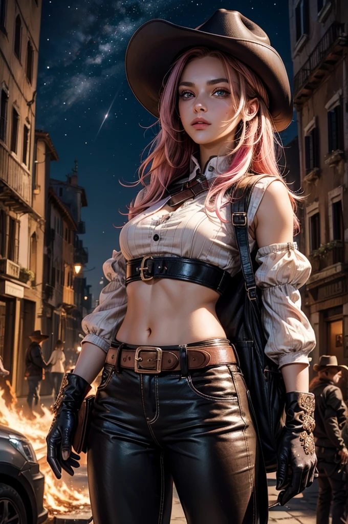 neopolitan, neopolitan, long hair, brown hair, (brown eyes:1.3), pink hair, multicolored hair, pink eyes, two-tone hair, (heterochromia:1.2), split-color hair, BREAK gloves, hat, navel, brown eyes, detached sleeves, midriff, belt, pants, white gloves, black headwear, bowler hat, small back pack, BREAK outdoors, night, stars, moon, post-apocalypse, dystopian future, venice, italy, river, gondola, (crowd in military uniforms), bonfires, BREAK looking at viewer, (cowboy shot:1.5), BREAK (masterpiece:1.2), best quality, high resolution, unity 8k wallpaper, (illustration:0.8), (beautiful detailed eyes:1.6), extremely detailed face, perfect lighting, extremely detailed CG, (perfect hands, perfect anatomy),