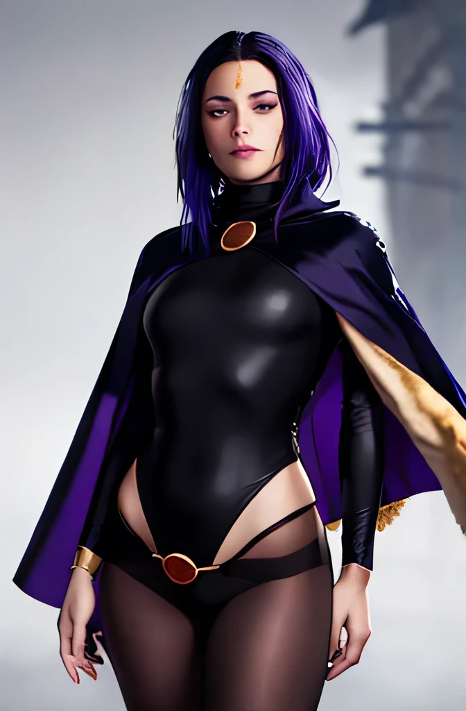 1girl, cowboy shot of rvn, hotraven, pale skin, black leotard, turtleneck, tights, cape, hood, glowing eyes, gold belt, jewels, medallion, athletic, looking at viewer, night, dark forest, mist, fog, volumetric lighting, best quality, masterpiece, intricate details, tonemapping, sharp focus, hyper detailed, trending on Artstation, realistic
