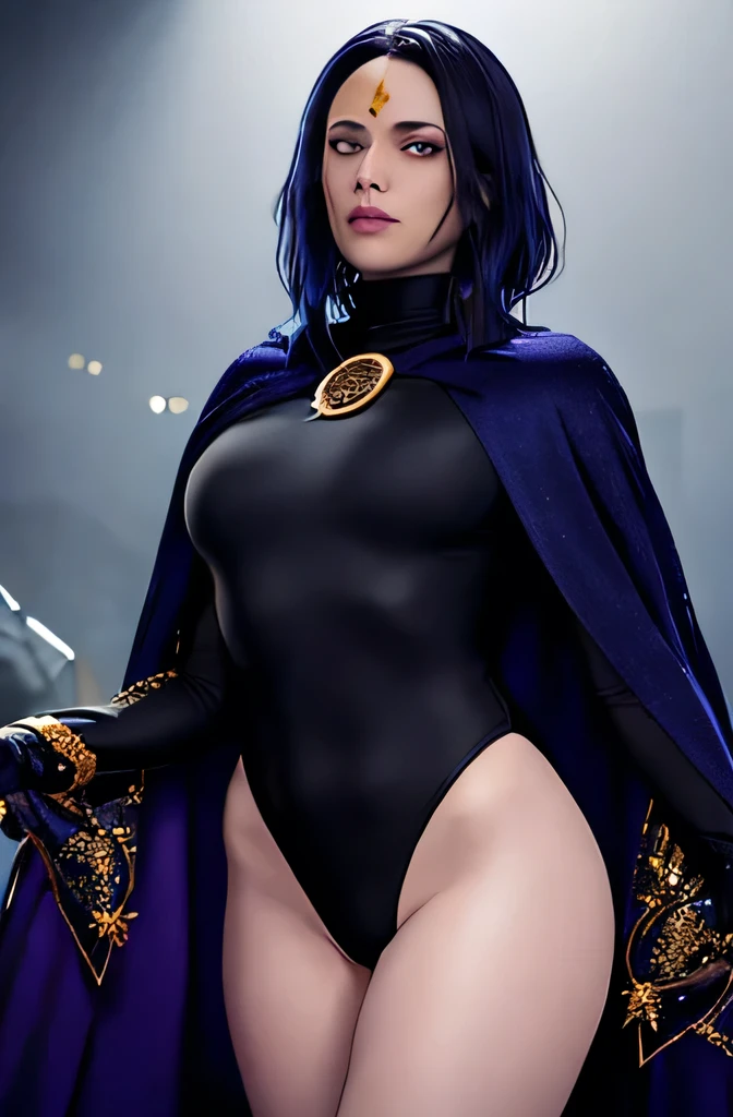 1girl, cowboy shot of rvn, hotraven, pale skin, black leotard, turtleneck, tights, cape, hood, glowing eyes, gold belt, jewels, medallion, athletic, looking at viewer, night, dark forest, mist, fog, volumetric lighting, best quality, masterpiece, intricate details, tonemapping, sharp focus, hyper detailed, trending on Artstation, realistic