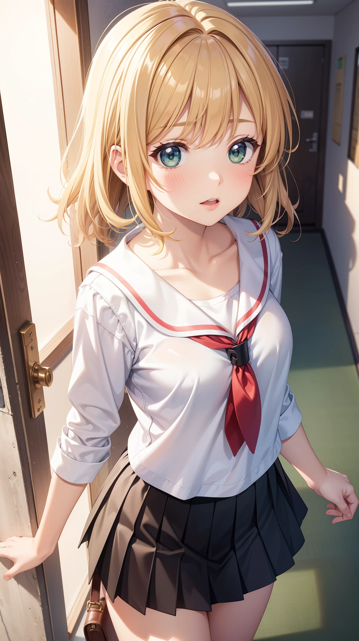 1girl, natural lighting, masterpiece, highly detailed, illustration, game CG, absurdres, high quality, kinomoto sakura, (18 year old girl), medium breasts, beautiful detailed eyes, glossy lips, natural lighting, short fluffy blonde hair, messy hair, green eyes, school, hallway, locker, white shirt, collarbone, black pleated miniskirt, from above