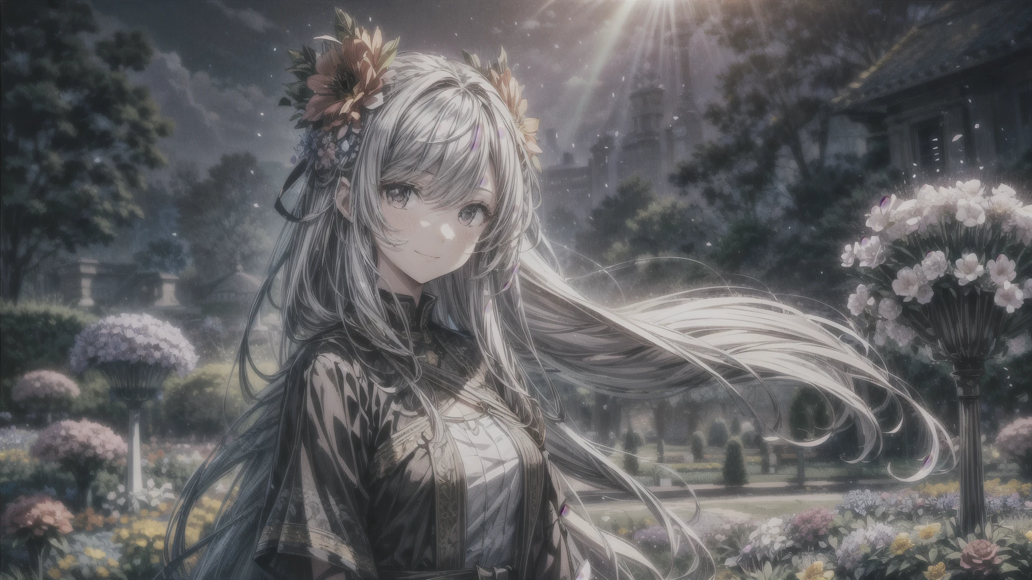 absurdres, highres, (official art, beautiful and aesthetic:1.2), (close view:1.2), Front composition,
1girl, (long hair:1.2), gray hair, wavy hair, smile,
(all over the flower garden:1.6), (Flower Effects:1.2), (Floral Background:1.2), (Background filled with flowers:1.4), (Flashy background:1.1),