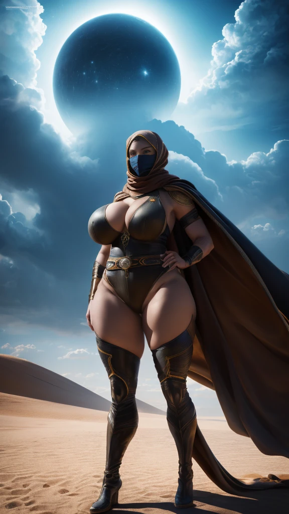 a digital illustration portraying a girl clad in an intricately designed Fremen suit reminiscent of the universe in Frank Herbert's "Dune." The suit boasts meticulous detailing, showcasing its desert-friendly features, including sand-resistant layers, functional utility belts, and a protective headscarf. Against the backdrop of a ferocious desert storm, she stands defiant, the tempest swirling around her. The artwork adopts a hyperrealistic style, accentuating the tactile feel of the suit's texture and the dramatic contrast of light and shadow in the midst of the storm, (Thick thighs:1.3), (huge breasts:1.4),