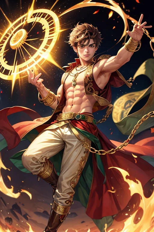 Zac Efron, 20 years old, short dark golden brown hair, short messy hair, dark green eyes, djinn clothing, light golden sleeveless open vest, light golden vest with red Arabic print, light red Arabic pants, golden belt, djinn bracelet with silver gems, brown boots, phosphorescent red tattoos, surrounded by fire and red smoke, muscular delegate build, hands tied with chains and feet surrounded by white chains, green magic circles on each hand on a background of Arabian ruins.
