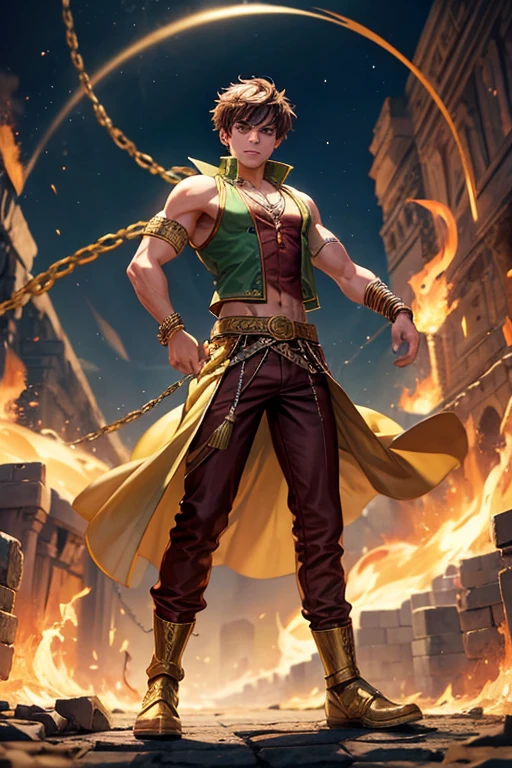 Zac Efron, 20 years old, short dark golden brown hair, short messy hair, dark green eyes, djinn clothing, light golden sleeveless open vest, light golden vest with red Arabic print, light red Arabic pants, golden belt, djinn bracelet with silver gems, brown boots, phosphorescent red tattoos, surrounded by fire and red smoke, muscular delegate build, hands tied with chains and feet surrounded by white chains, green magic circles on each hand on a background of Arabian ruins.