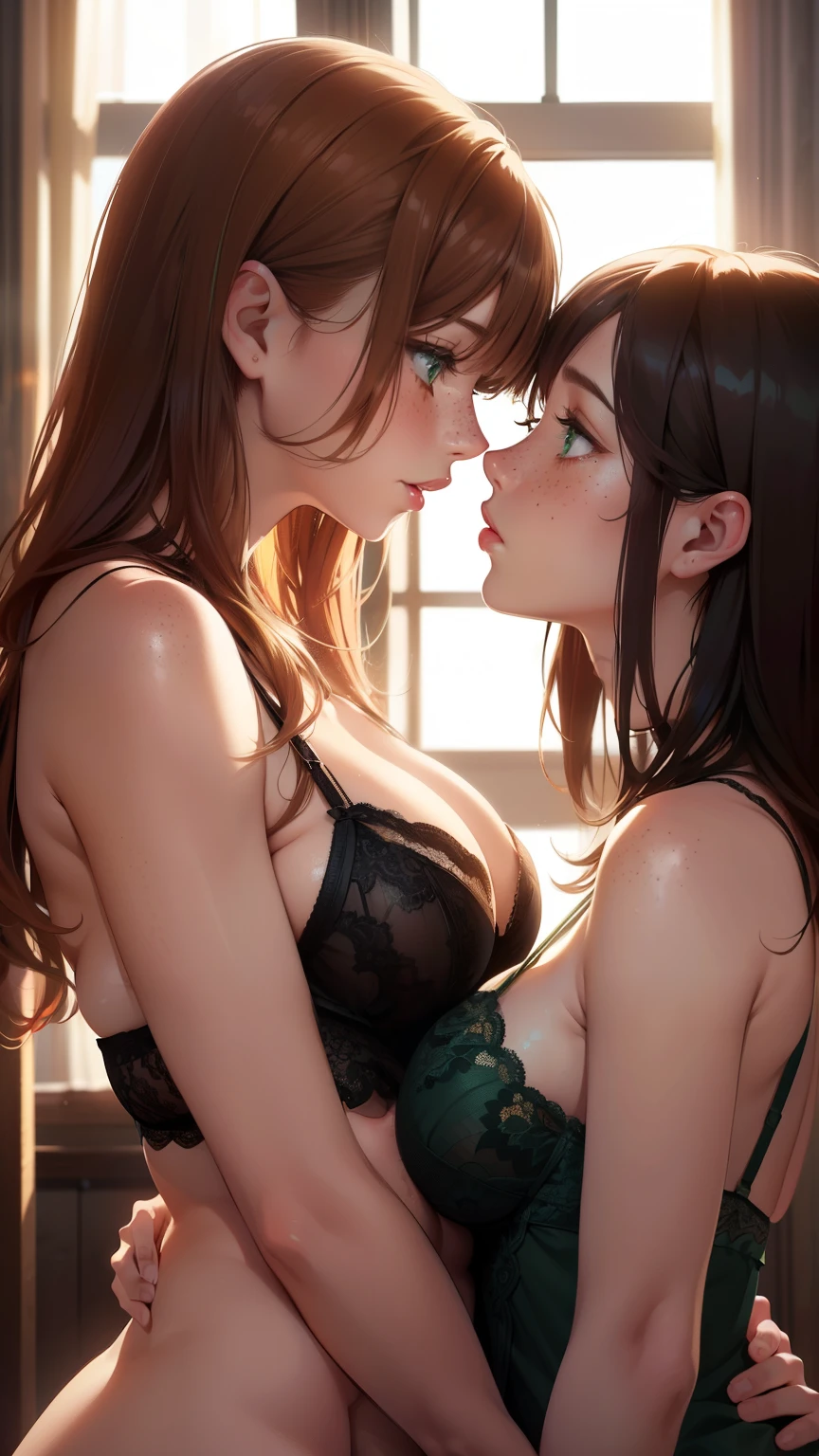 1girls, (multiple girls), natural lighting, masterpiece, highly detailed, illustration, game CG, absurdres, high quality, beautiful detailed eyes, glossy lips, natural lighting, medium breasts, redhead, bangs, green eyes, freckles, (looking at each other), lingerie, (mother and daughter, MILF and ager), (kiss)