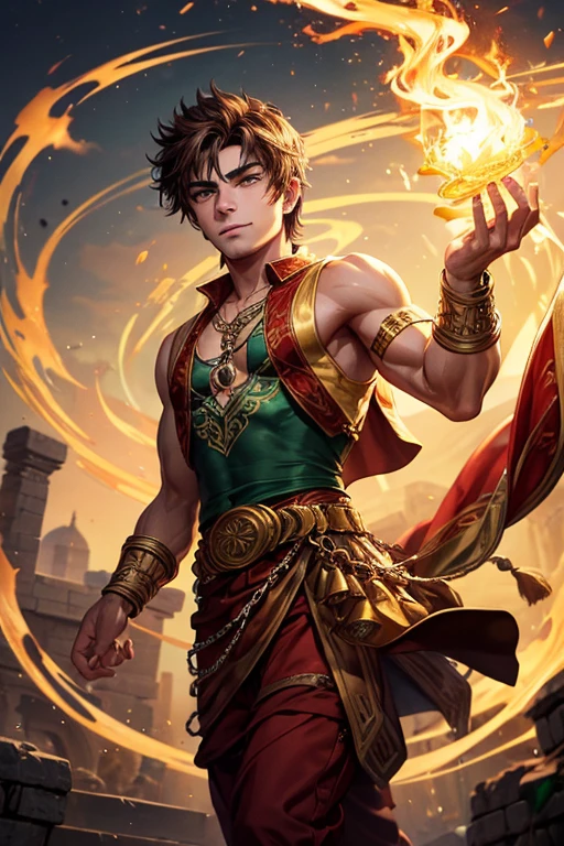 Zac Efron, 20 years old, short dark golden brown hair, short messy hair, dark green eyes, djinn clothing, light golden sleeveless open vest, light golden vest with red Arabic print, light red Arabic pants, golden belt, djinn bracelet with silver gems, brown boots, phosphorescent red tattoos, surrounded by fire and red smoke, muscular delegate build, hands tied with chains and feet surrounded by white chains, green magic circles on each hand on a background of Arabian ruins.