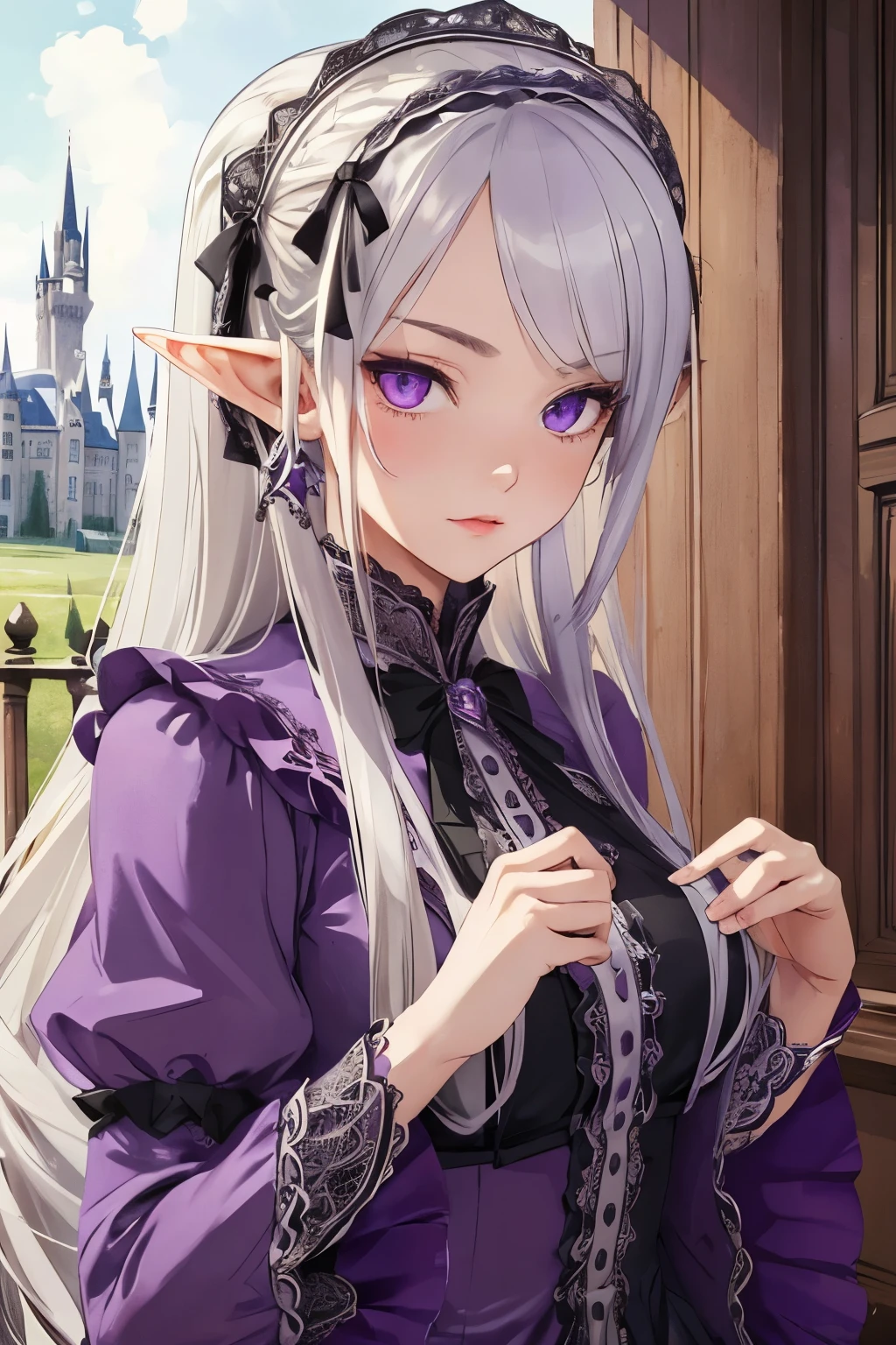 ((best quality)), ((masterpiece)), (detailed), perfect face, girl, arrogant, silver hair, long hair, purple eyes, lolita dress, elf ears, castle on background