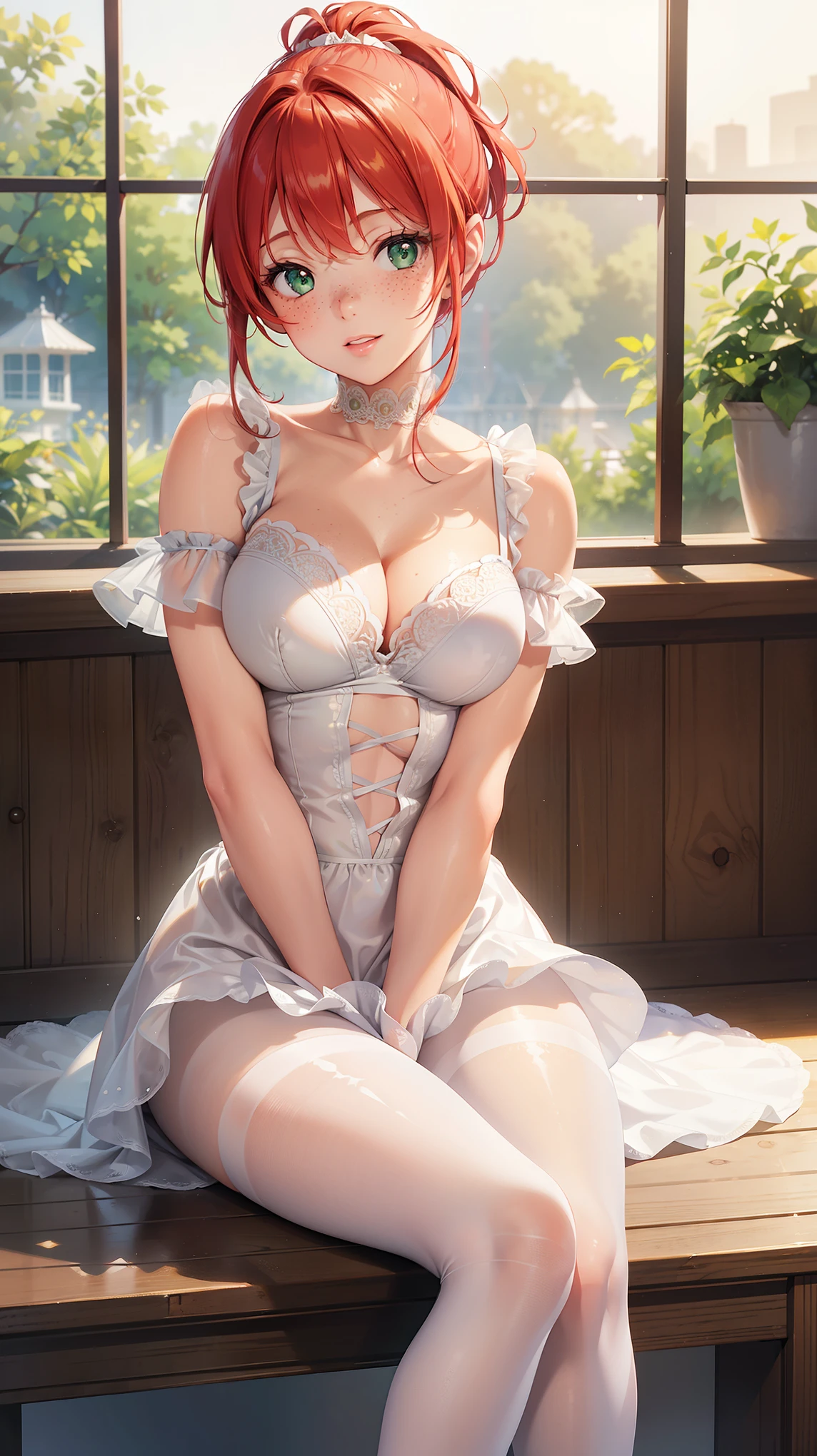 1girls, natural lighting, masterpiece, highly detailed, illustration, game CG, absurdres, high quality, beautiful detailed eyes, glossy lips, natural lighting, medium breasts, redhead, bangs, green eyes, freckles, looking at viewer, light smile, sitting, ballerina, tutu, pantyhose, ponytail