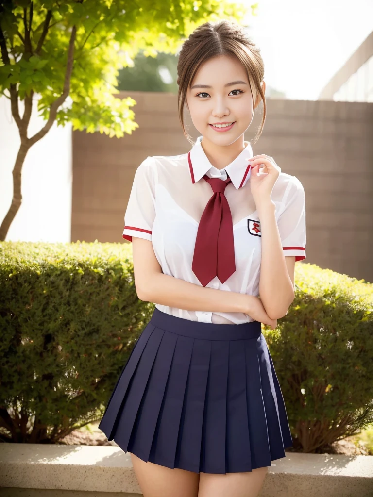 a beautiful 18-year-old Japanese lady, short bob hair, serafuku uniform, tight translucent shirt, large round breasts, slender curvy figure, beautiful detailed eyes, long eyelashes, double eyelids, elongated eyes, innocent smile, short red ribbon tie, short pleated miniskirt, school patio background, hands on hip, (best quality,4k,8k,highres,masterpiece:1.2),ultra-detailed,(realistic,photorealistic,photo-realistic:1.37),HDR,vivid colors,studio lighting