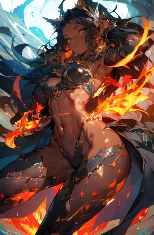 poderosa e majestosa guerreira elemental de fogo emergindo de um mar de lava. Ela deve ter uma pele de tom escuro contrastando com seu cabelo flamejante, que parece feito de fogo vibrante e ardente. Seus olhos devem brilhar intensamente como brasas, Emanating an aura of strength and determination. Ela deve estar vestida com uma armadura intricada e ornamentada que parece forjada diretamente da lava, com detalhes em vermelho e laranja brilhantes, imitando o calor do magma. A armadura deve cobrir suas partes essenciais, with jewels or flaming symbols embedded. Your body must reflect your power and the indomitable nature of fire. The pose must convey authority and confidence, com ela emergindo da lava, com parte de seu corpo ainda submerso, while his hands and arms show additional armor details. The bottom must be a cavernous, volcanic environment, com rochas derretidas e lava fluindo,
