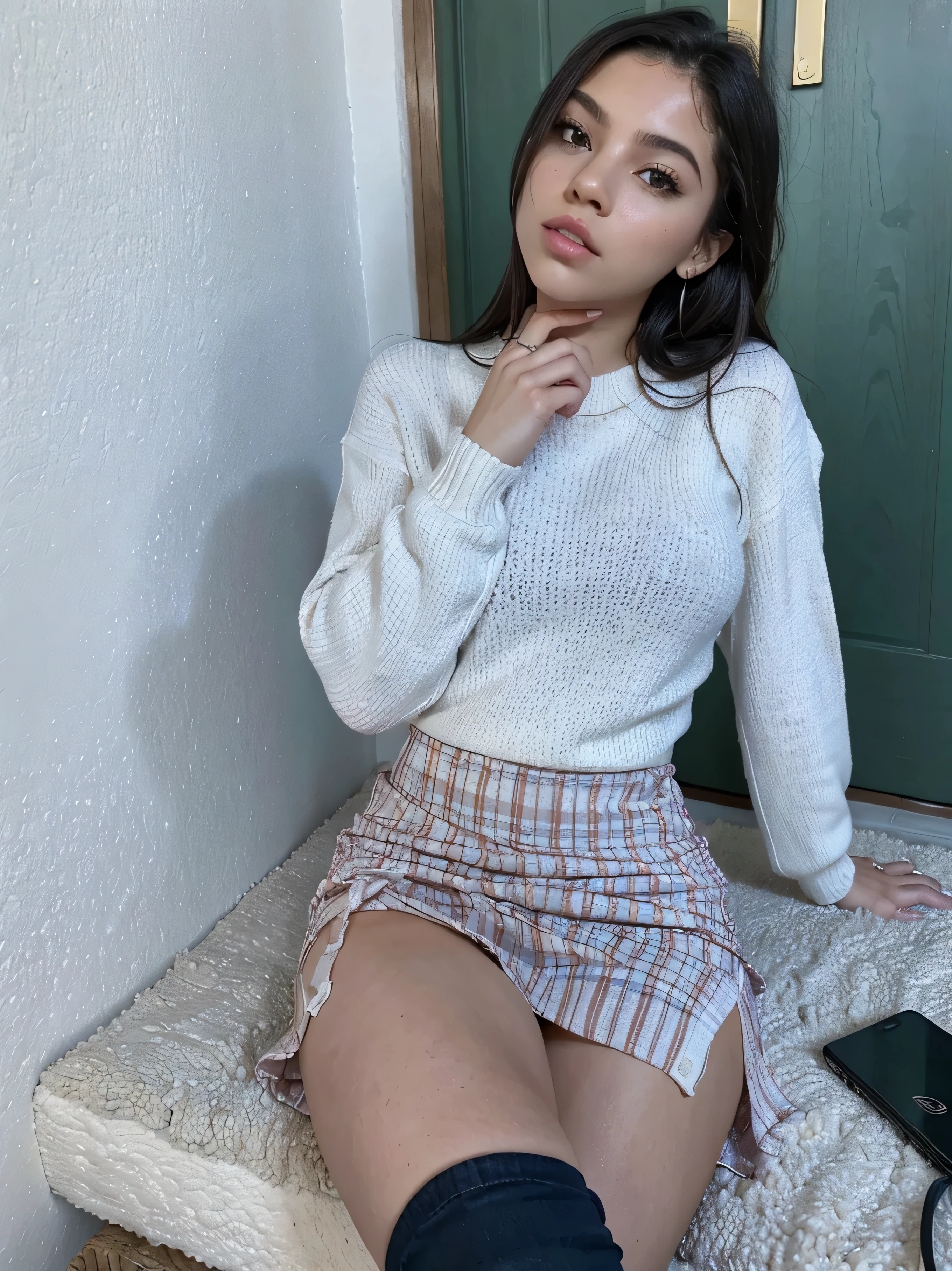 Hay una mujer sentada en una repisa con las piernas cruzadas, pose casual, White sweater, 18 years, 2 4 year old female model, hermosa dama, wearing a White sweater, El asiente, angelablanca, Violeta Myers, gemma chen, foto de perfil, Cerveza Madison, 😭 🤮 💕 🎀, Pose Linda, Isabela Moner