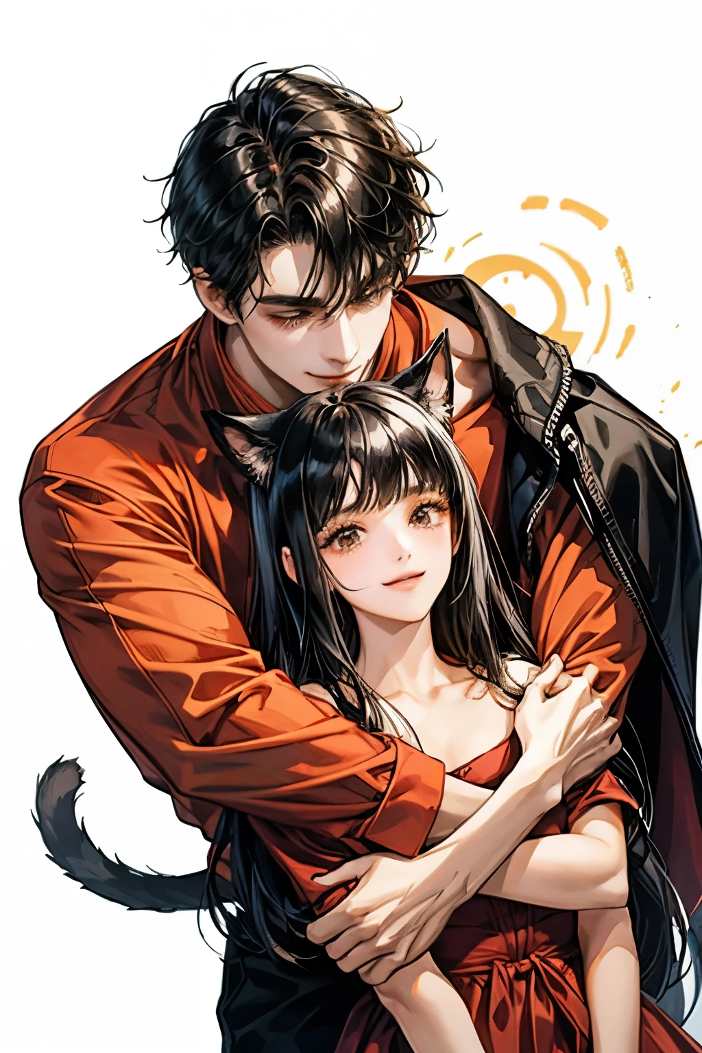 white background、((Man with black hair))、brown eyes、iole blue face、Man in red shirt、man with short hair、he smile、 beauty youthful、youthful、((The man in the middle breaking apart)) 、smile、13 year old youth、17 year old woman、woman wearing a red dress、girl with long hair、man and woman hugging、((girl with long black hair))、beauty youth、with bangs、with cat ears、with smile detailed face、clean face、Man hugging his waist、((Best image quality))、