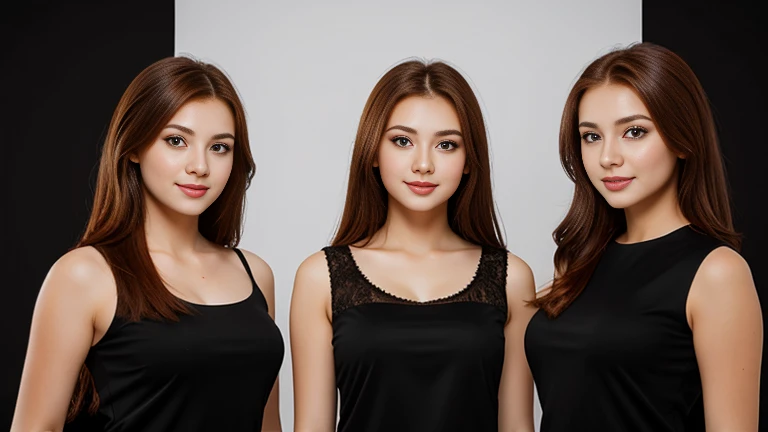 Create a photograph of four beautiful 22 year old girls, with long reddish brown hair, long detailed eyes, straight nose, waist up photograph seen from afar, wearing a black sleeveless blouse, masterpiece, best quality, black background, hyper high definition, 8K, bokeh, ultra-fine painting, sharp focus, physics-based rendering, extremely detailed description. gradient black background