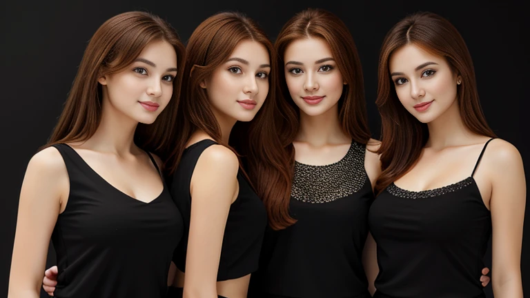 Create a photograph of four beautiful 22 year old girls, with long reddish brown hair, long detailed eyes, straight nose, waist up photograph seen from afar, wearing a black sleeveless blouse, masterpiece, best quality, black background, hyper high definition, 8K, bokeh, ultra-fine painting, sharp focus, physics-based rendering, extremely detailed description. gradient black background