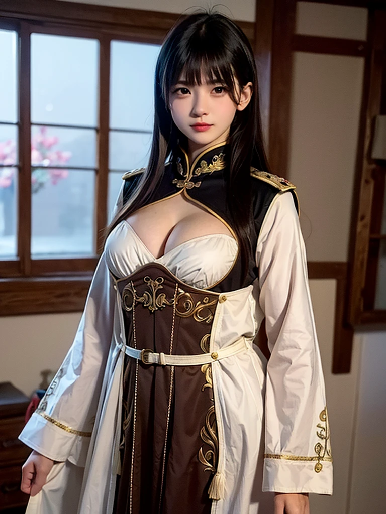 (masterpiece:1.2, highest quality), 1 Female, night, alone, photoRealistic, SF film, SF, SF, war, Upper Body, Small breasts, Focus on the face, Realistic, Pastel drawing, Powerful, intellectual, Sensual, Fine grain (Intimidating look, Brown eyes) In good detail, Long black hair, The best CG, (wearing German red 2 world war general uniform), army, Area Force, armyの偉大さ,Big Breasts,Too much exposure