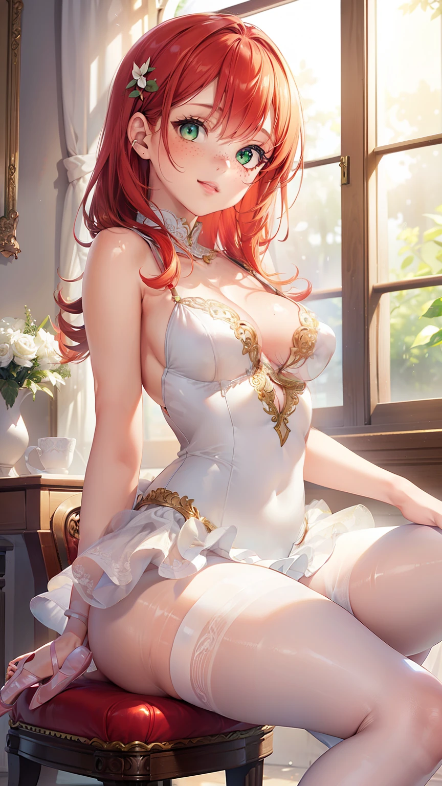 1girls, natural lighting, masterpiece, highly detailed, illustration, game CG, absurdres, high quality, beautiful detailed eyes, glossy lips, natural lighting, medium breasts, redhead, bangs, green eyes, freckles, looking at viewer, light smile, sitting, ballerina, tutu, pantyhose