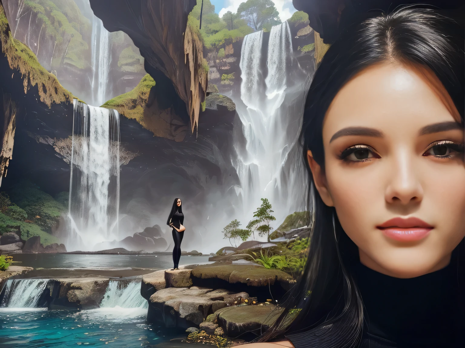 A beautiful Brazilian woman with tanned white skin and medium-length dark hair wearing a black turtleneck sweater in front of a waterfall, fish in the background, waterfalls in the background, in a cave, with a miniature indoor lake, waterfall in the background, in a wild mushroom fountain, vacation photo, by the sea, dragon in the background, in a cave with a waterfall, portrait, beautiful surroundings.=. She is around 40 years old, ward is 162 cm tall and her body weighs 56 kg. Her body exudes glamor and her face is a definition of beauty. Slender body, thin waist. Highly realistic, hyperrealism, very elaborate skin, hyperrealism, high quality photo. Full Body Photo, Sharp Photo, High Resolution, High Quality, Masterpiece, 16K Photo, Sharp, High Contrast, Masterpiece, (Photographically Realistic), 16k, NUDE, NUDITY, NFSW.