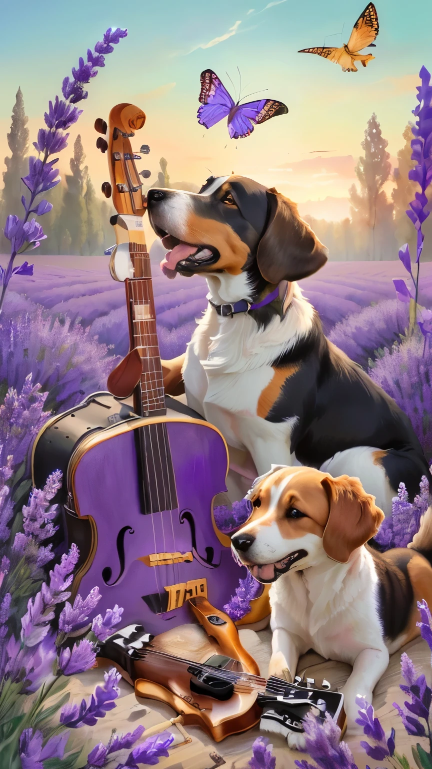 painting of two dogs playing music in a lavender field, por Wayne Inglaterra, by László Balogh, by Igor Grabar, sergeant Sava Šumanović, by Ivan Mrkvička, rude composition, por Alexander Kucharsky, by Ivan Ranger, by Jaroslav Doubrava