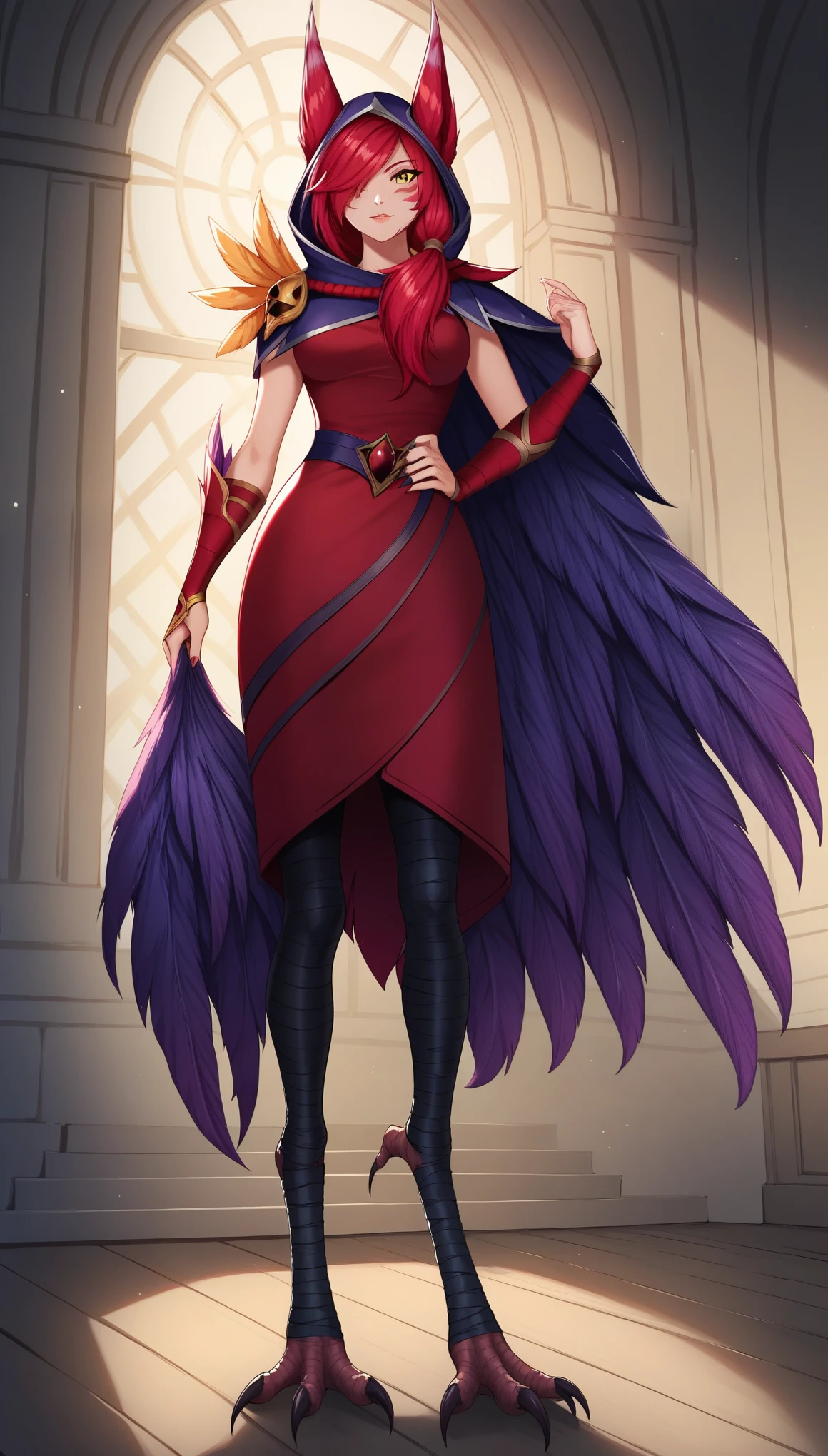 XayahLoLXL, facial mark, yellow eyes, red hair, long hair, bangs, hair over one eye, animal ears, ears through headwear, medium breasts, hood up, hood, feathers cloak, red dress, red skirt, guantlets, black pants, black bandaged, monster bird feet, solo, standing, looking at viewer, indoors
