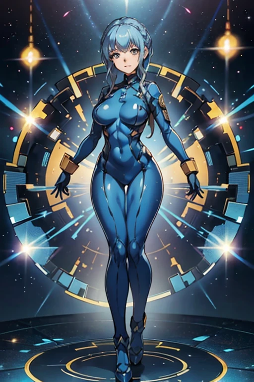 , masterpiece, high quality, extremely detailed, 1girl, solo, marianne fe, short blue hair, golden eyes, medium breasts, zero suit, blue gloves, high heels, light smile, standing, holding a blaster, smile, blush, outer space, space environment, outer space background