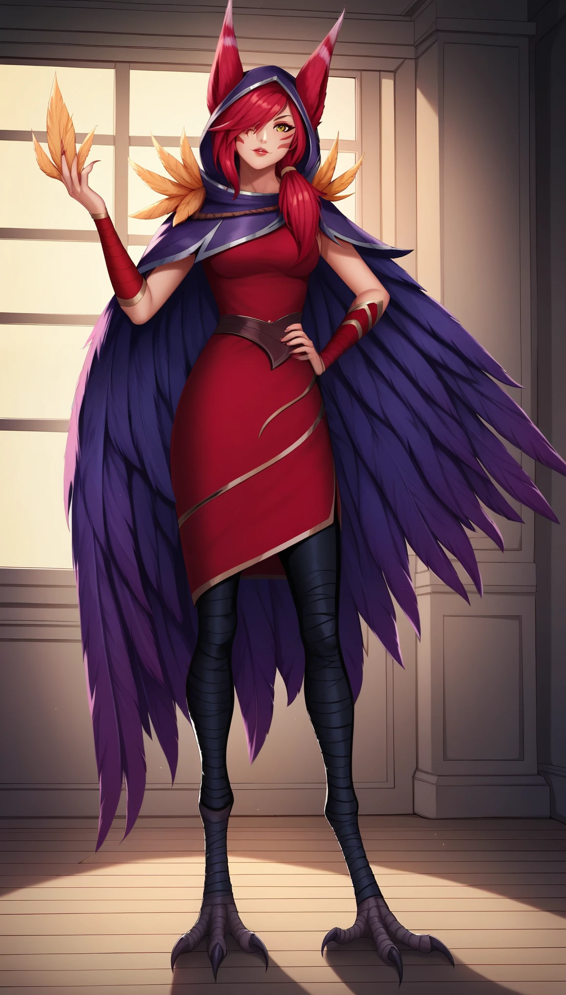 XayahLoLXL, facial mark, yellow eyes, red hair, long hair, bangs, hair over one eye, animal ears, ears through headwear, medium breasts, hood up, hood, feathers cloak, red dress, red skirt, guantlets, black pants, black bandaged, monster bird feet, solo, standing, looking at viewer, indoors
