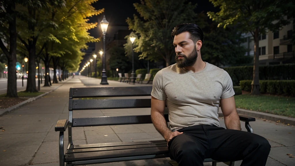 a man with short black hair combed back, a thin beard, sits on a park bench, next to a yellowish streetlight,