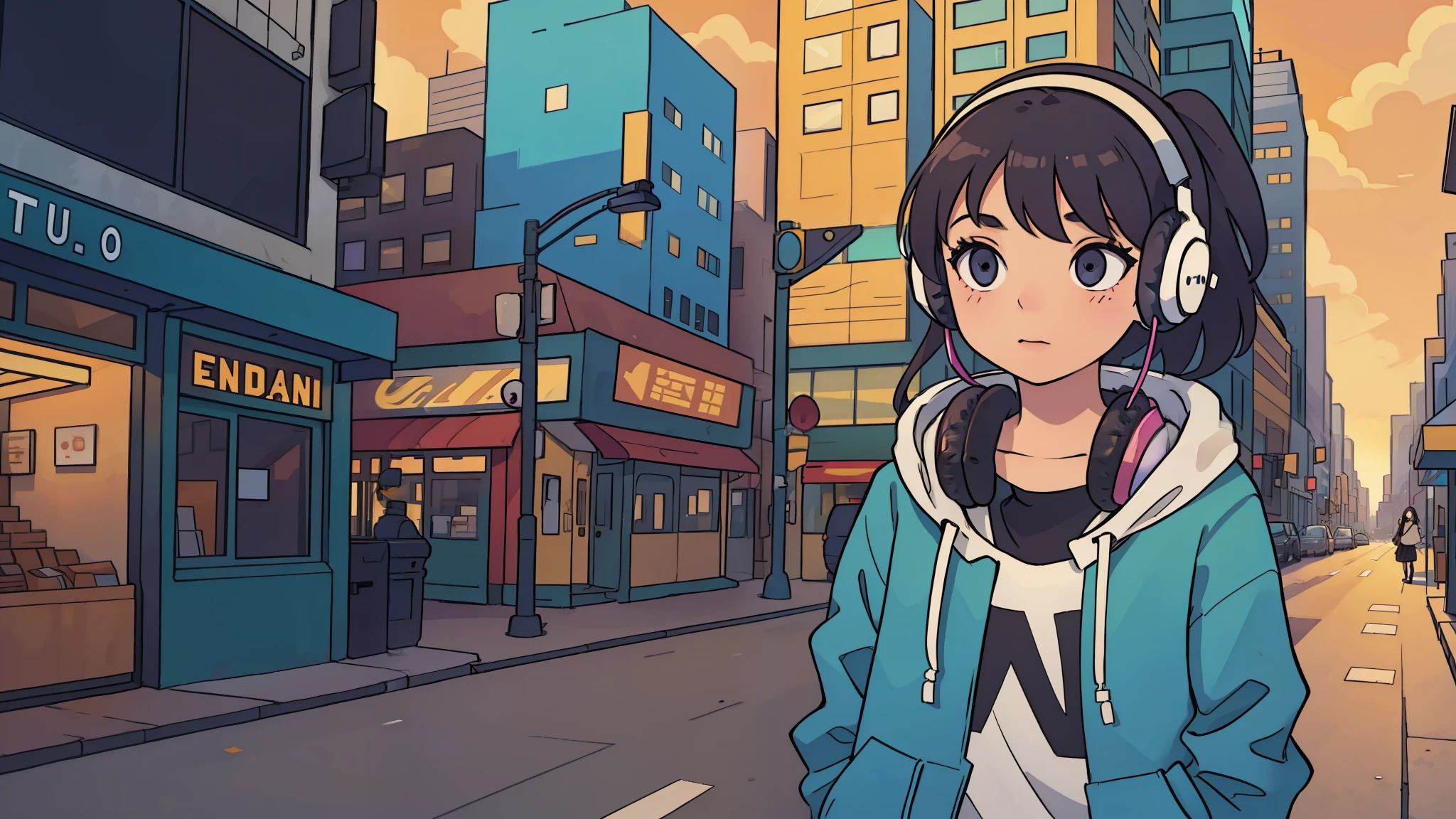 girl with headphones, city, ensolarado
