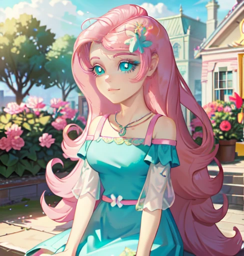 Fluttershy, fluttershy from my little pony, fluttershy in the form of a girl, lush breast, pink long wavy hair, soft smile, flowers, butterflies, (top quality, masterpiece, ultra-realistic), rainy day, raining, indoor in a green botanical garden, dome, lots of flowers, dense mass plants, the background landscape is a garden with petals, Dahlia peony flowers everywhere, turquoise eyes, turquoise eyeshadow, green dress, butterfly hair clip, detailed lighting, sunlight, yellow pure light, sitting, heavenly plants, hanging flower pots, pink and green flowers everywhere, flower crown, green glass dome, extremely long hair, (light yellow skin 1.5), yellow pony ears, golden lighting