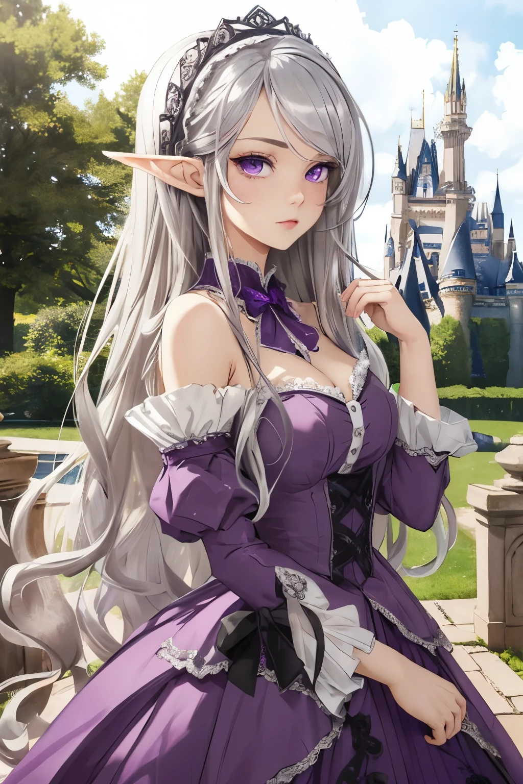 ((best quality)), ((masterpiece)), (detailed), perfect face, girl, arrogant, silver hair, long hair, purple eyes, lolita dress, elf ears, castle on background