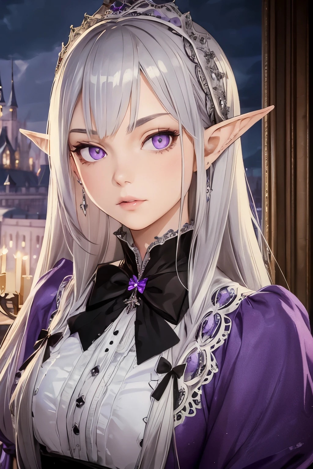 ((best quality)), ((masterpiece)), (detailed), perfect face, girl, arrogant, silver hair, long hair, purple eyes, ta dress, elf ears, castle on background