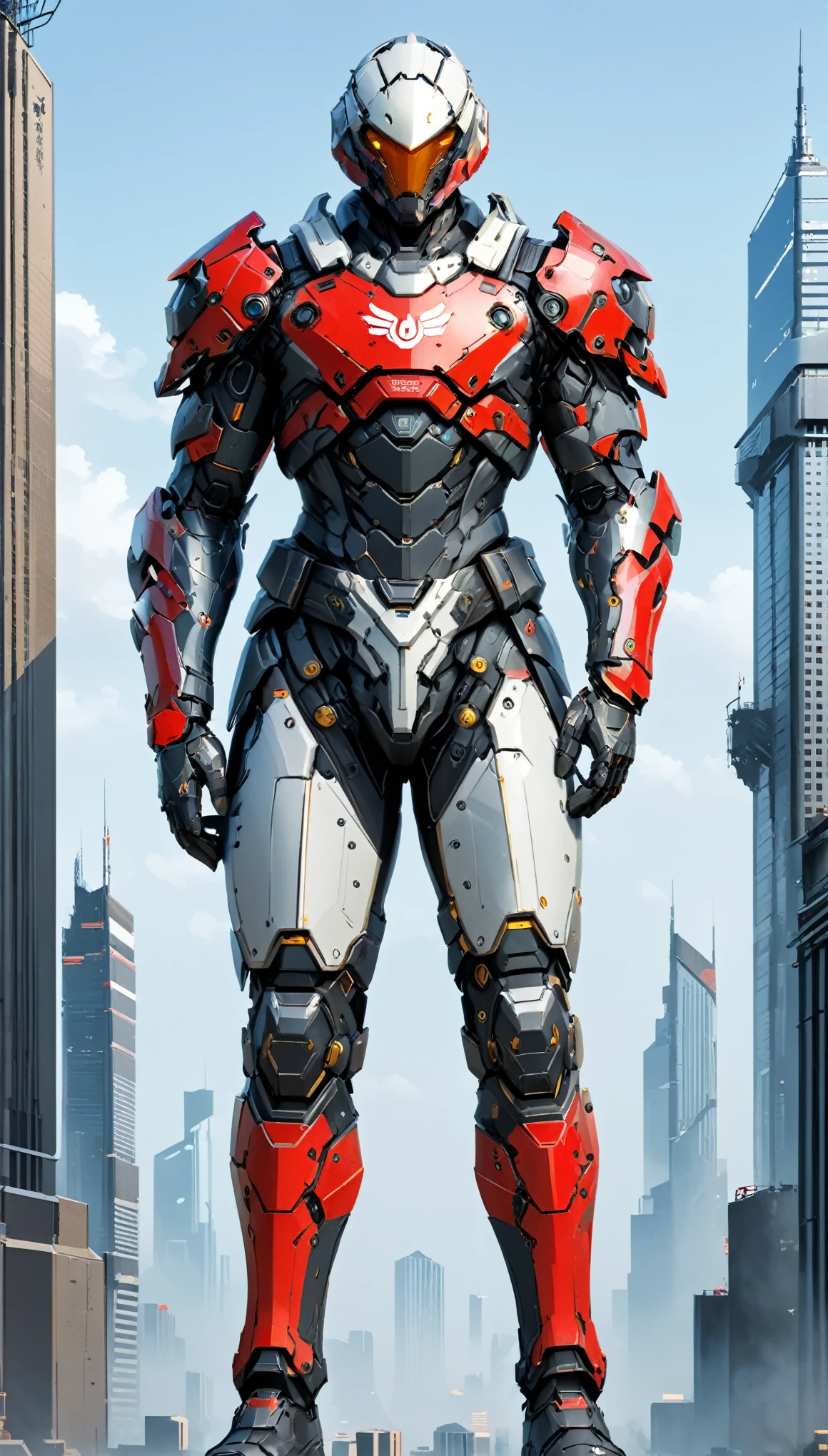 A man wearing a full-face helmet, a fantasy-style biotech armored combat suit, green eyes, (a composite layered chest armor), fully enclosed shoulder guards, matching arm and leg guards, the belt is adorned with 666 mark, (the color scheme is primarily red with yellow and white accents), the design balances heavy with agility, a high-tech bio-mecha armor, (Armor Concept Inspired by Demon, stand on the top of a skyscraper in a futuristic sci-fi city), this character embodies a finely crafted fantasy-surreal style armored hero in anime style, exquisite and mature manga art style, (battle damage, element, plasma, energy, the armor glows), ((male:1.5)), metallic, real texture material, dramatic, high definition, best quality, highres, ultra-detailed, ultra-fine painting, extremely delicate, professional, perfect body proportions, golden ratio, anatomically correct, symmetrical face, extremely detailed eyes and face, high quality eyes, creativity, RAW photo, UHD, 32k, Natural light, cinematic lighting, masterpiece-anatomy-perfect, masterpiece:1.5