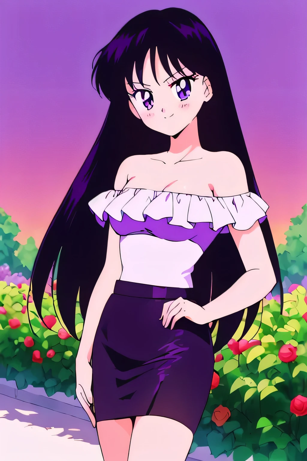 (retro anime girl:1.2), (masterpiece:1.2), (best quality), (ultra detailed), (8k,4k), (half body:1.2), (cowboy:1.2), (close up:1.2), (highly detailed:1.2), (White Ruffle Off-the-shoulder top:1.4), (purple pencil skirt:1.4), Rei Hino, 1 girl, solo, Best quality, masterpiece, High Definition, Teenager, Purple Eyes, Beautiful Detail Eyes, Black Hair, Long Hair, Good hands at sides, Seductive Smile, Blushing, Bare Neck, Bare Arms, Bare Shoulders, short sleeve, Strapless, White Ruffle Off-the-Shoulder Top, purple pencil skirt, walking in the garden with bare feets, looking at viewers, garden, sunset skies, rose bushes, outdoor gazebo