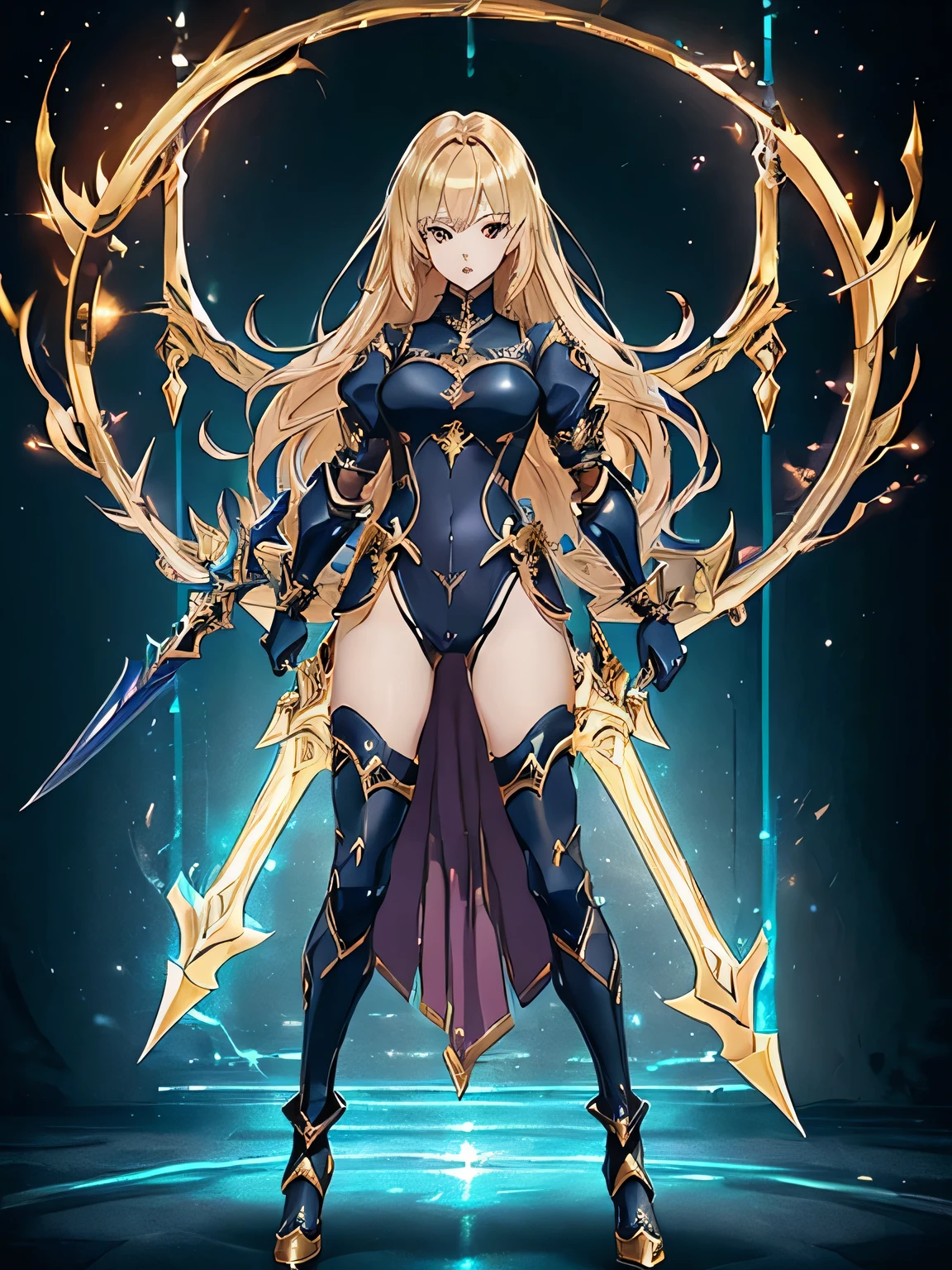 Design a layout showcase Gaming character, ((1girl)), sorcerer:1.2, Golden+Purle clothes, stylish and unique, ((showcase weapon:1.4)), magic staff, (masterpiece:1.2), (best quality), 4k, ultra-detailed, (Step by step design, layout art:1.5), (luminous lighting, atmospheric lighting), Final Fantasy style, magican, ((glove full hands)), fran, viera, (((revealing clothes:1.3))), vambraces, armored legwear, (((full_body_shot:1.4))), Niji, back_view, T_pose