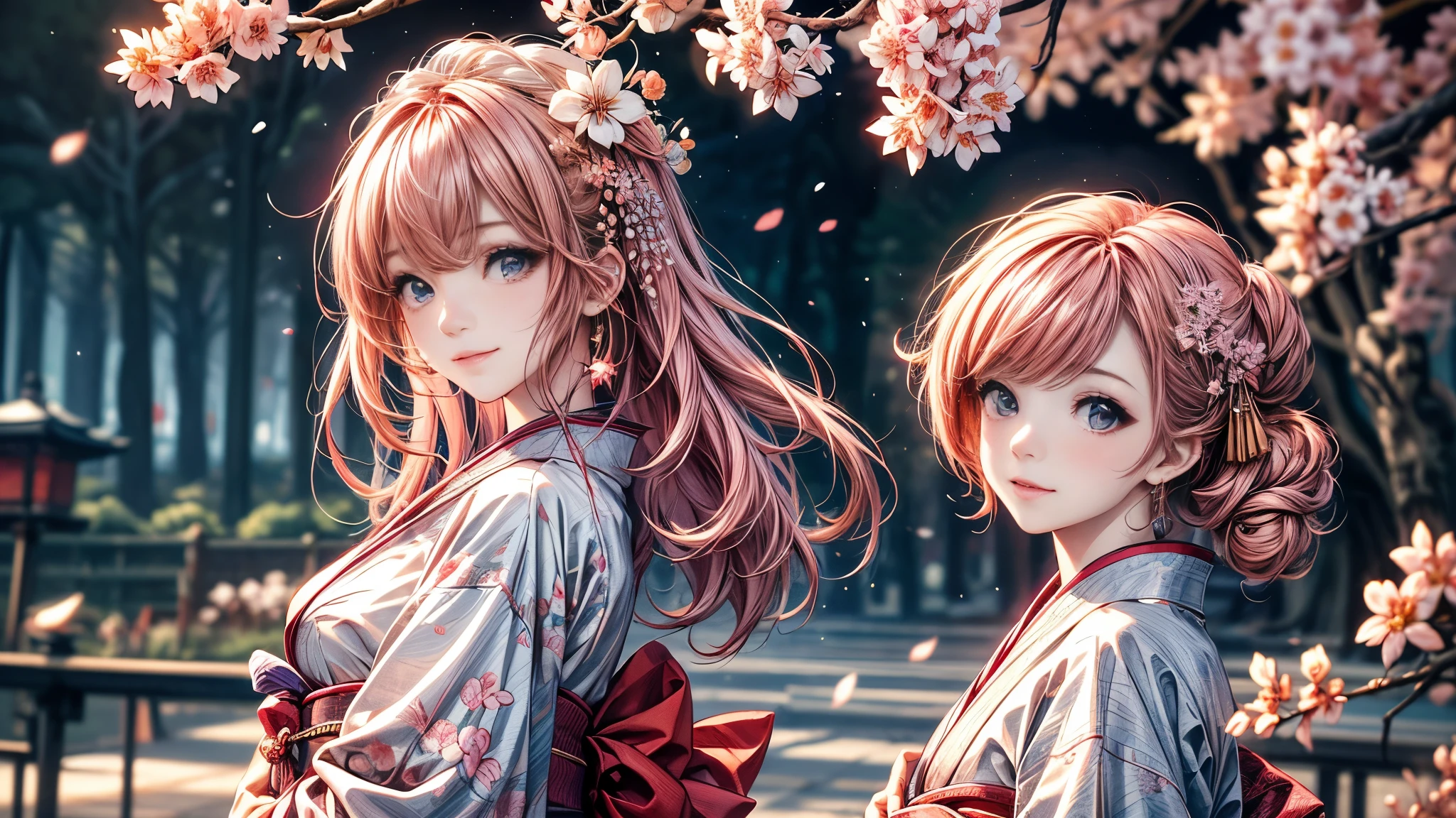 8K resolution, ((highest quality)), ((masterpiece)), ((super detailed)), (very delicate and beautiful), with a girl, solo, gentle expression, she is very(relax)with(Calm)Appearance, pink hair, Depth of the bounds written, bright smile, young expression, bright peach-colored eyes, Beautiful pink hair, beautiful background, long hair, linear art, pink kimono, Japan, Japanese Style, cherry blossomsのように輝く瞳, upper eye, wonderful eyes, cherry blossoms, cherry blossomsの木, cherry blossomsの花が舞っている, Upper body
