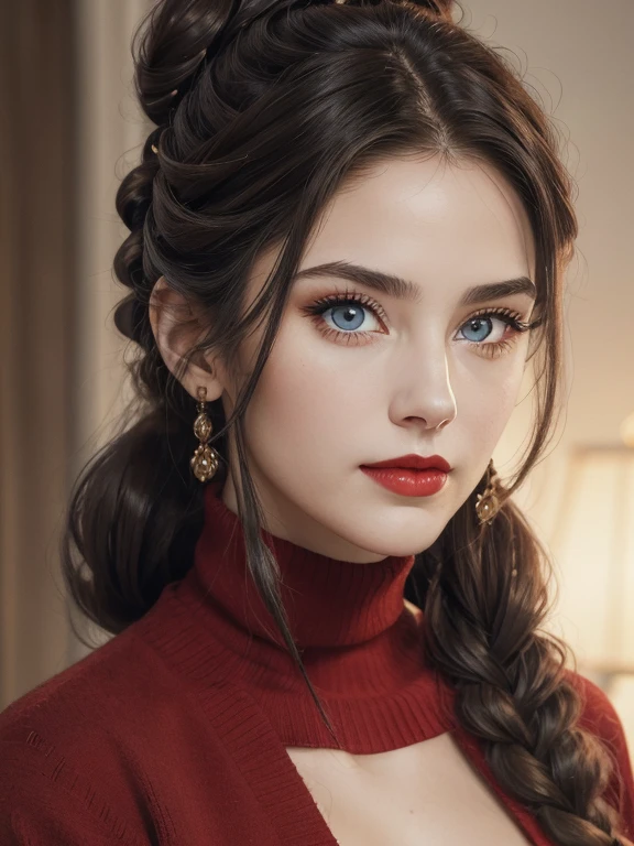 (best quality,4k,8k,highres,masterpiece:1.2),ultra-detailed,(realistic,photorealistic,photo-realistic:1.37),portrait,woman,brunette long hair,beautiful detailed, long eyelashes,intricate makeup,elegant,classy, graceful posture,vivid colors,vintage lighting,sharp focus,captivating expression,subtle smile,sublime beauty,no background, a woman with brunette straight hair , bun, ponytail , blue round eyes, red lips, black turtleneck velvet sweater, cleavage , braid , damp