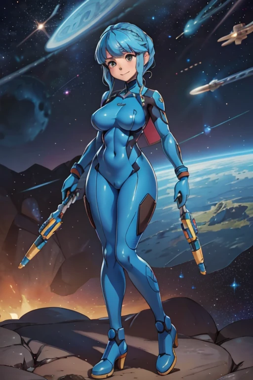 , masterpiece, high quality, extremely detailed, 1girl, solo, marianne von edmund dressed up as Zero Suit Samus, short blue hair, brown eyes, medium breasts, zero suit, blue gloves, high heels, light smile, standing, holding a blaster, smile, blush, outer space, space environment, outer space background