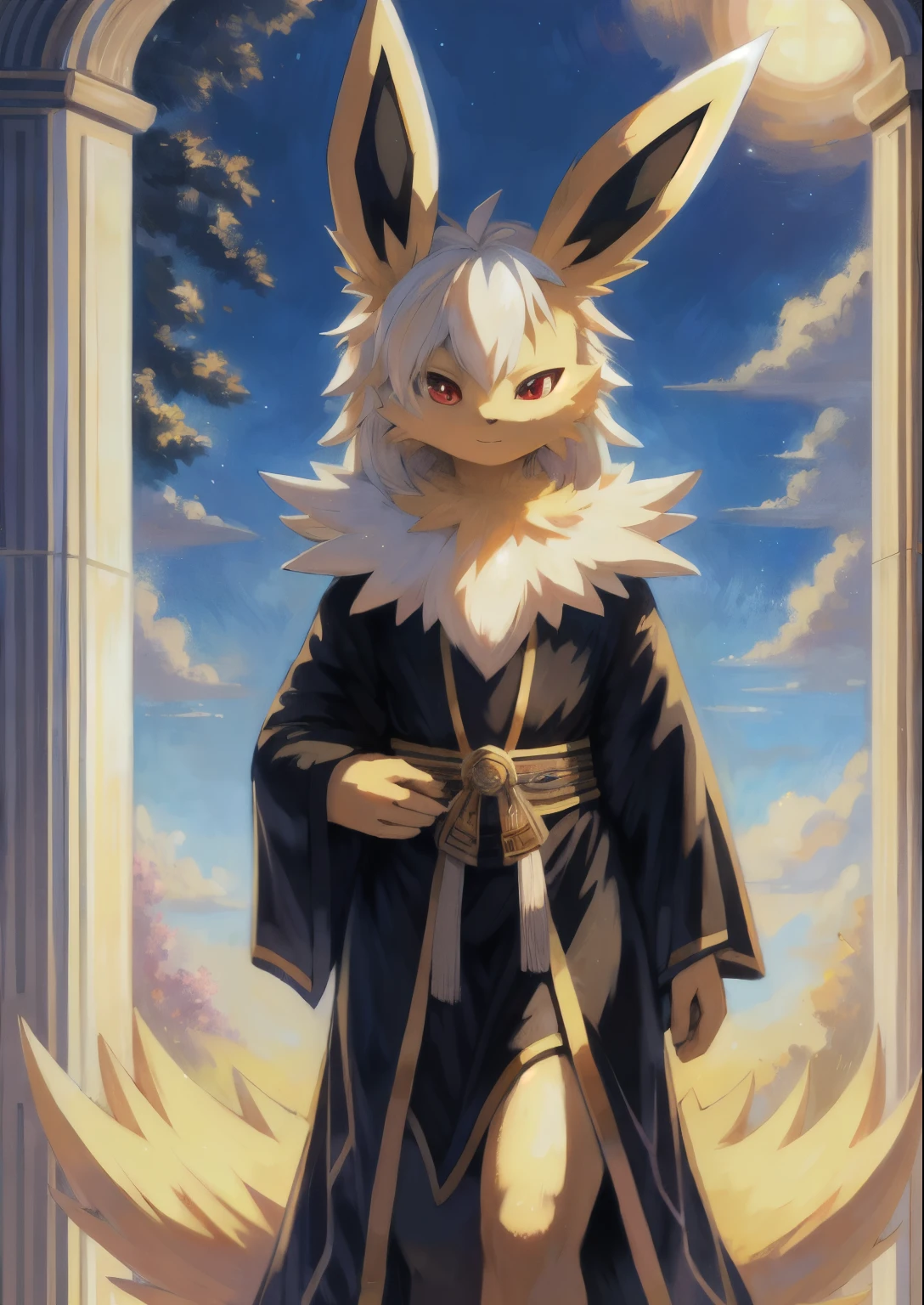 (Masterpiece, Best Quality, Highres:1.4), (anthro) Detailed, Intricate Details, 4K, (Pokémon), (jolteon), (furry) extremely detailed fur, red eyes, best quality, white hair. white style hair. tail. long tail, dark robe, (2 ears), good anatomy, looking at the viewer