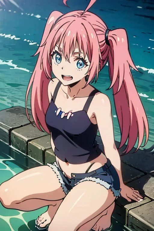 masterpiece, highest quality, 高解picture度，Anime Style、Characters from TenSura、picture、whole body　　　　　　　　　　　　Platinum pink hair（Twin tails:20:1）（Ahoge:1:10）、blue eyes、About 、smile、The double tooth shines、Tank top、Shorts、Shallow water、squat、Ocean、