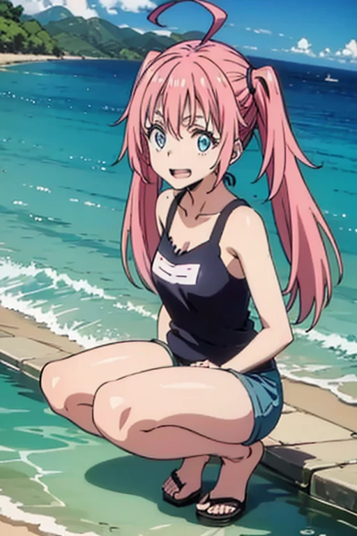 masterpiece, highest quality, 高解picture度,Anime Style、Characters from TenSura、picture、whole body Platinum pink hair(Twin tails:20:1)(Ahoge:1:10)、blue eyes、About 10 years old、smile、The double tooth shines、Tank top、Shorts、Shallow water、squat、Ocean、
