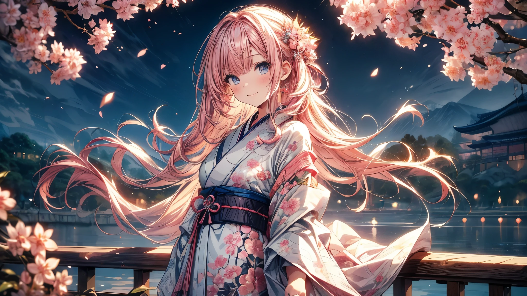 8K resolution, ((highest quality)), ((masterpiece)), ((super detailed)), (very delicate and beautiful), with a girl, solo, gentle expression, she is very(relax)with(Calm)Appearance, pink hair, Depth of the bounds written, bright smile, young expression, bright peach-colored eyes, Beautiful pink hair, beautiful background, long hair, linear art, pink kimono, Japan, Japanese Style, cherry blossomsのように輝く瞳, upper eye, wonderful eyes, cherry blossoms, cherry blossomsの木, cherry blossomsの花が舞っている, Upper body