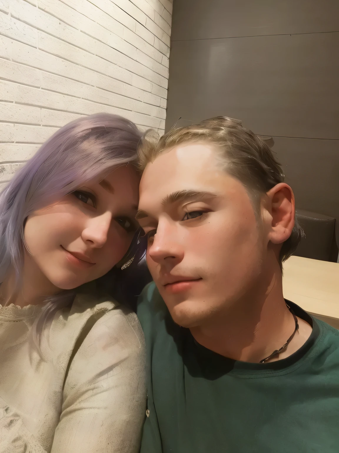 there is a Мужчина и женщина sitting together in a restaurant, Selfie photography in 8k resolution, portrait of two people, couple portrait, couple portrait, Nice couple, beautiful picture, cinematic lighting, They are in love, happy couple, girl with purple hair and young man with blond hair. couple in love