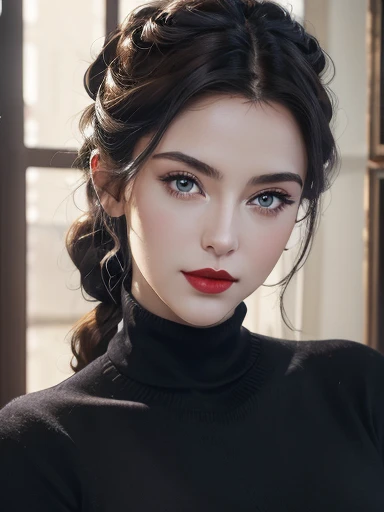 (best quality,4k,8k,highres,masterpiece:1.2),ultra-detailed,(realistic:1.37), full waist up pose , upper knees pose ,woman, purple short hair,beautiful detailed, long eyelashes,intricate makeup,elegant,classy, graceful posture,vivid colors,vintage lighting,sharp focus,captivating expression,subtle smile,sublime beauty,no background, a woman with brunette straight hair , bun, ponytail , blue round eyes, red lips, black turtleneck velvet sweater, cleavage , braid , damp