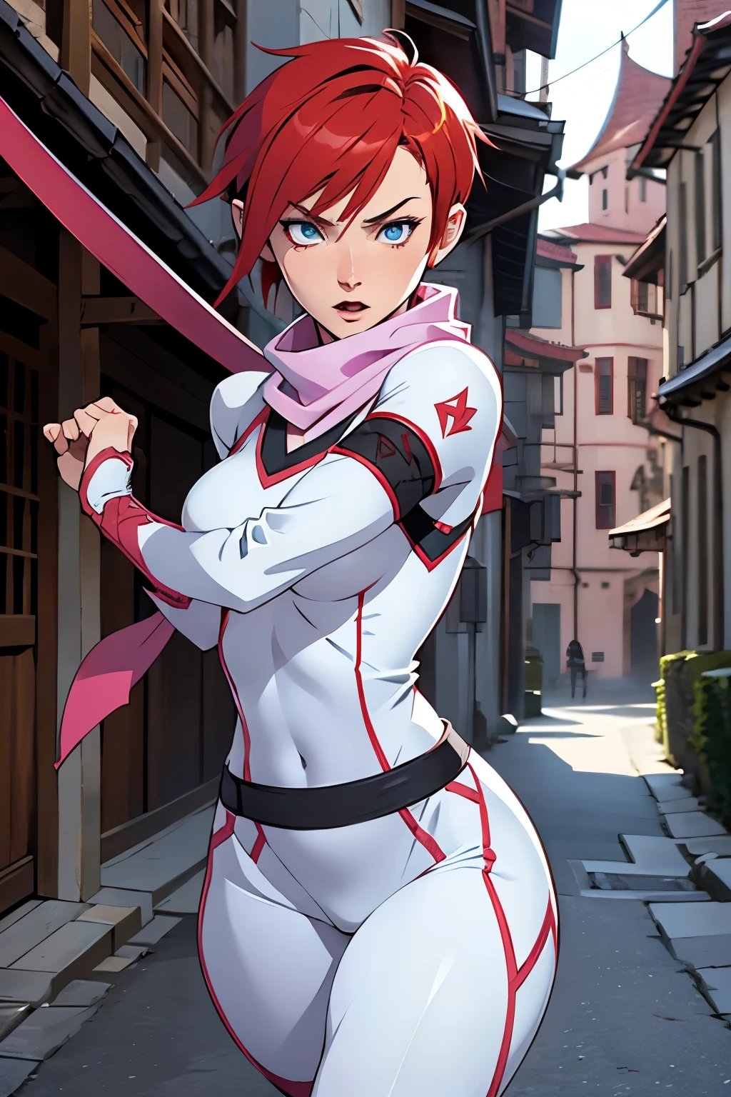 Fantasy setting. Female ninja, pixie cut hair, red hair, blue eyes, pale skin. Tight white ninja outfit, pink highlights, ninja outfit,  wraps, scarf. Katanas. Show her running througha medievalstreet. Detailed hands.  Detailed eyes.  Detailed face. Intense expression.  Hands gripping katanas. 