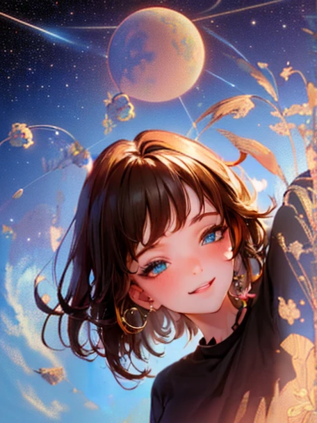 (extremely detailed 8k wallpaper),Complex, High detail, dramatic,8k,((masterpiece,ultra-detailed, Complex details, medium quality,figure)),One girl, alone, High resolution, View Viewer, (Brown Hair)，Pastel blue hair, short hair,smile, Sunlight shines in, solar system, feminine, Empowered, beautiful, detailed, blush, cute