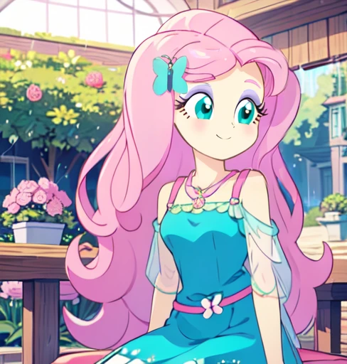 Fluttershy, fluttershy from my little pony, fluttershy in the form of a girl, lush breast, pink long wavy hair, soft smile, flowers, butterflies, (top quality, masterpiece, ultra-realistic), rainy day, raining, indoor in a green botanical garden, dome, lots of flowers, dense mass plants, the background landscape is a garden with petals, Dahlia peony flowers everywhere, turquoise eyes, turquoise eyeshadow, green dress, butterfly hair clip, detailed lighting, sunlight, yellow pure light, sitting, heavenly plants, hanging flower pots, pink and green flowers everywhere, flower crown, green glass dome, extremely long hair, (light yellow skin 1.5), yellow pony ears, golden lighting
