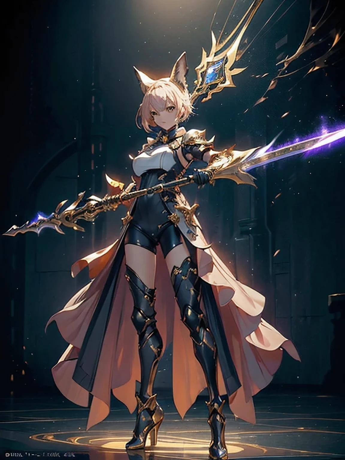 Design a layout showcase Gaming character, (1girl). Golden+Purle clothes, stylish and unique, ((showcase weapon:1.4)), magic staff, (masterpiece:1.2), (best quality), 4k, ultra-detailed, (Step by step design, layout art:1.5), (luminous lighting, atmospheric lighting), Final Fantasy style, magican, ((glove full hands)), fran, viera, (((revealing clothes:1.3))), vambraces, armored legwear, (((full_body_shot:1.4))), Niji