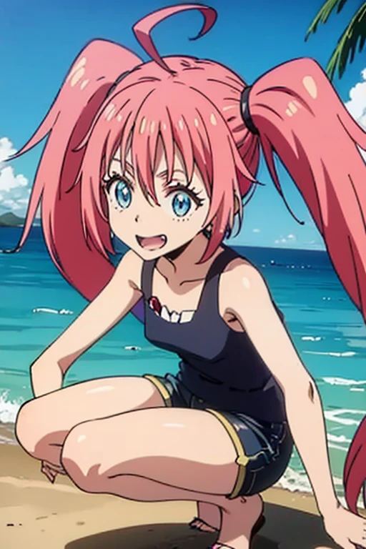 masterpiece, highest quality, 高解picture度，Anime Style、Characters from TenSura、picture、whole body　　　　　　　　　　　　Platinum pink hair（Twin tails:20:1）（Ahoge:1:10）、blue eyes、About 10 years old、smile、The double tooth shines、Tank top、Shorts、Sandy Beach、squat、Ocean、