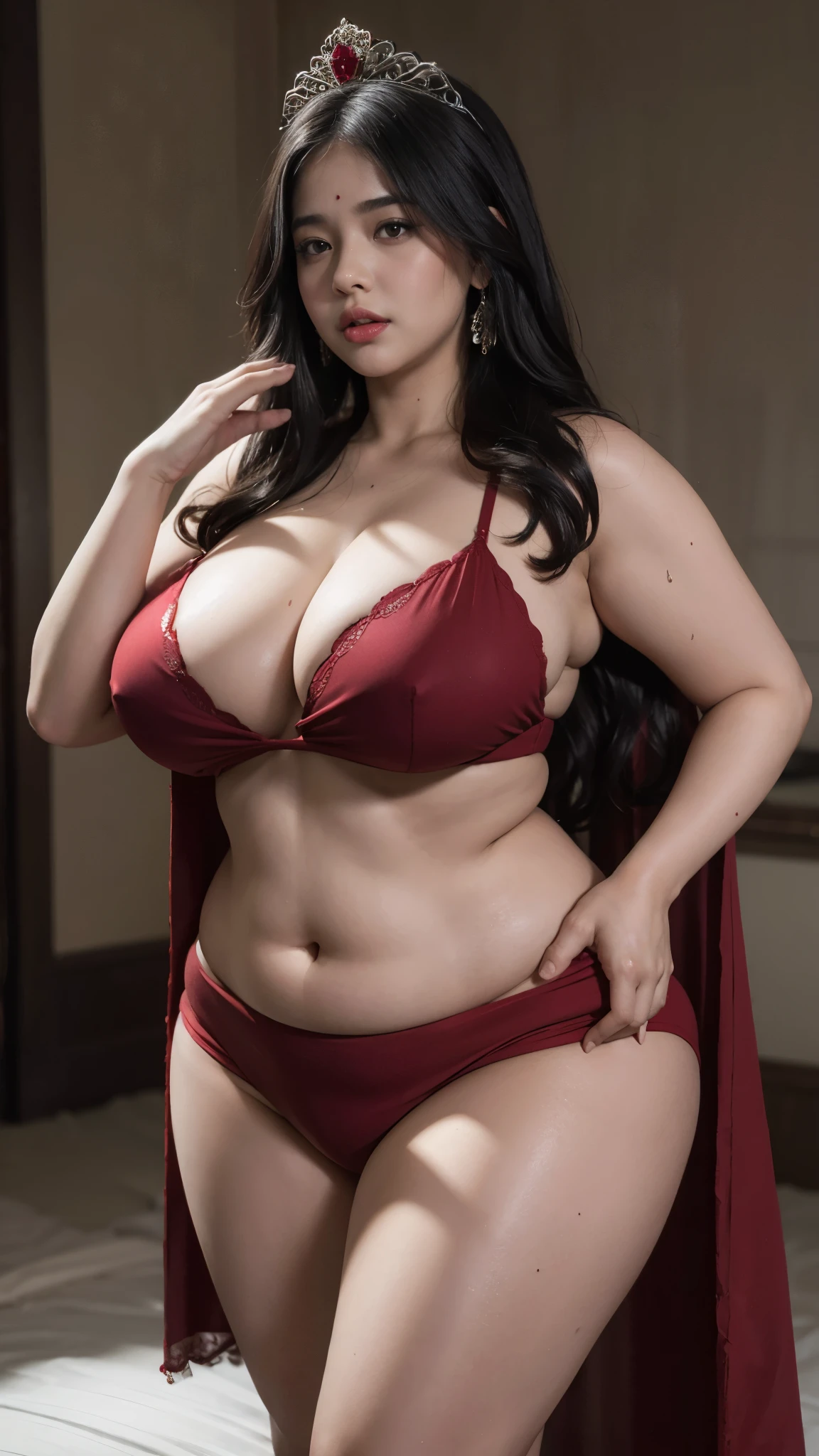 thick, curvy, chubby,Girl wearing red sexy saree, thick body, big breasts, covered with hands, seductive face, with a king , old horny king beside her ,, long hair, detailed hair, curvy body, high saturation, color grading, nsfw, Showing armpit, wet body, in a jail , full body shot, clean armpit, nsfw