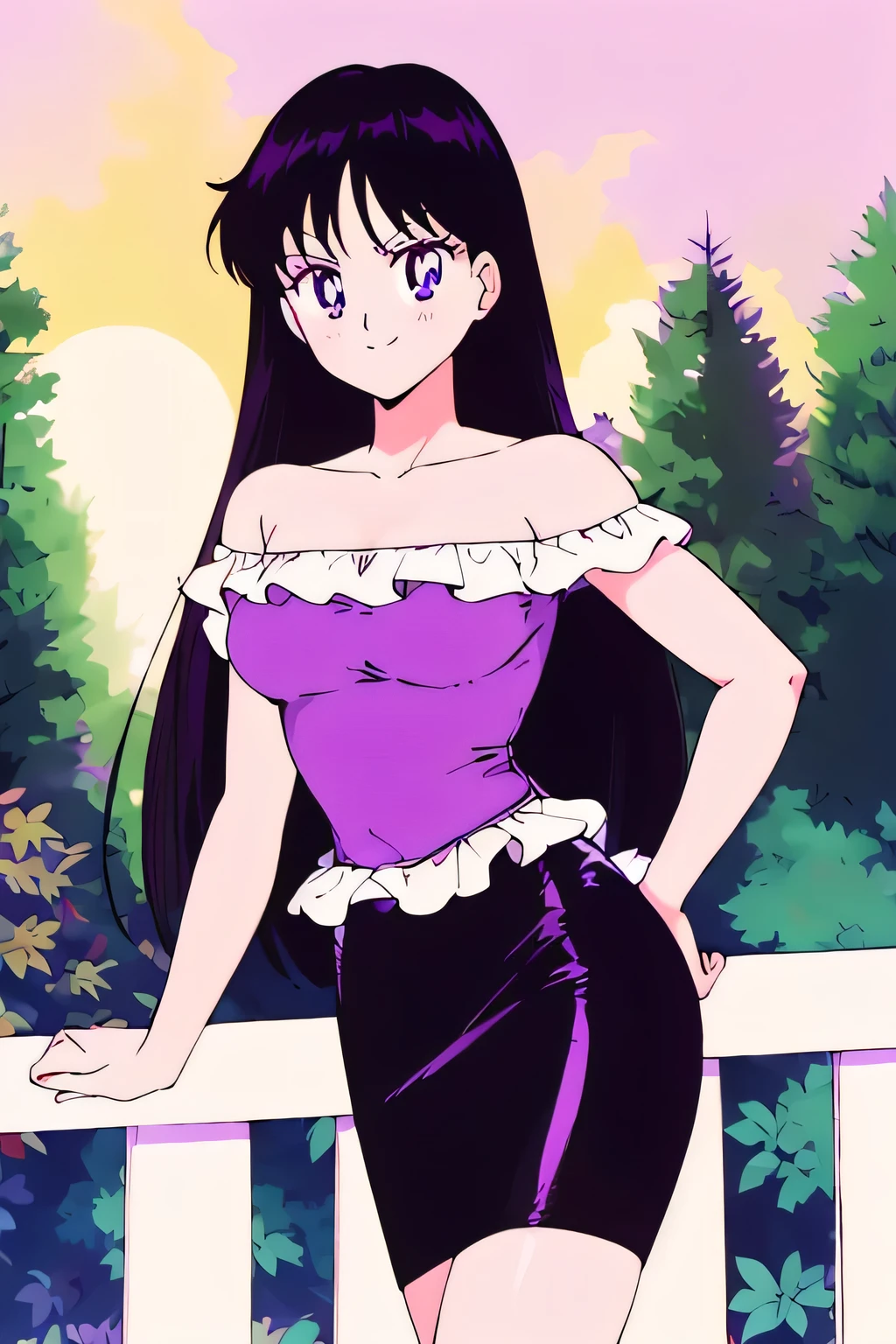(retro anime girl:1.2), (masterpiece:1.2), (best quality), (ultra detailed), (8k,4k), (half body:1.2), (cowboy:1.2), (close up:1.2), (highly detailed:1.2), (White Ruffle Off-the-shoulder top:1.4), (purple skin tight pencil skirt:1.4), Rei Hino, 1 girl, solo, Best quality, masterpiece, High Definition, Teenager, Purple Eyes, Beautiful Detail Eyes, Black Hair, Long Hair, Good hands at sides, Seductive Smile, Blushing, Bare Neck, Bare Arms, Bare Shoulders, short sleeve, Strapless, White Ruffle Off-the-Shoulder Top, purple skin tight pencil skirt, standing at the railing in her garden, looking at viewers, garden, sunset skies, rose bushes, outdoor gazebo